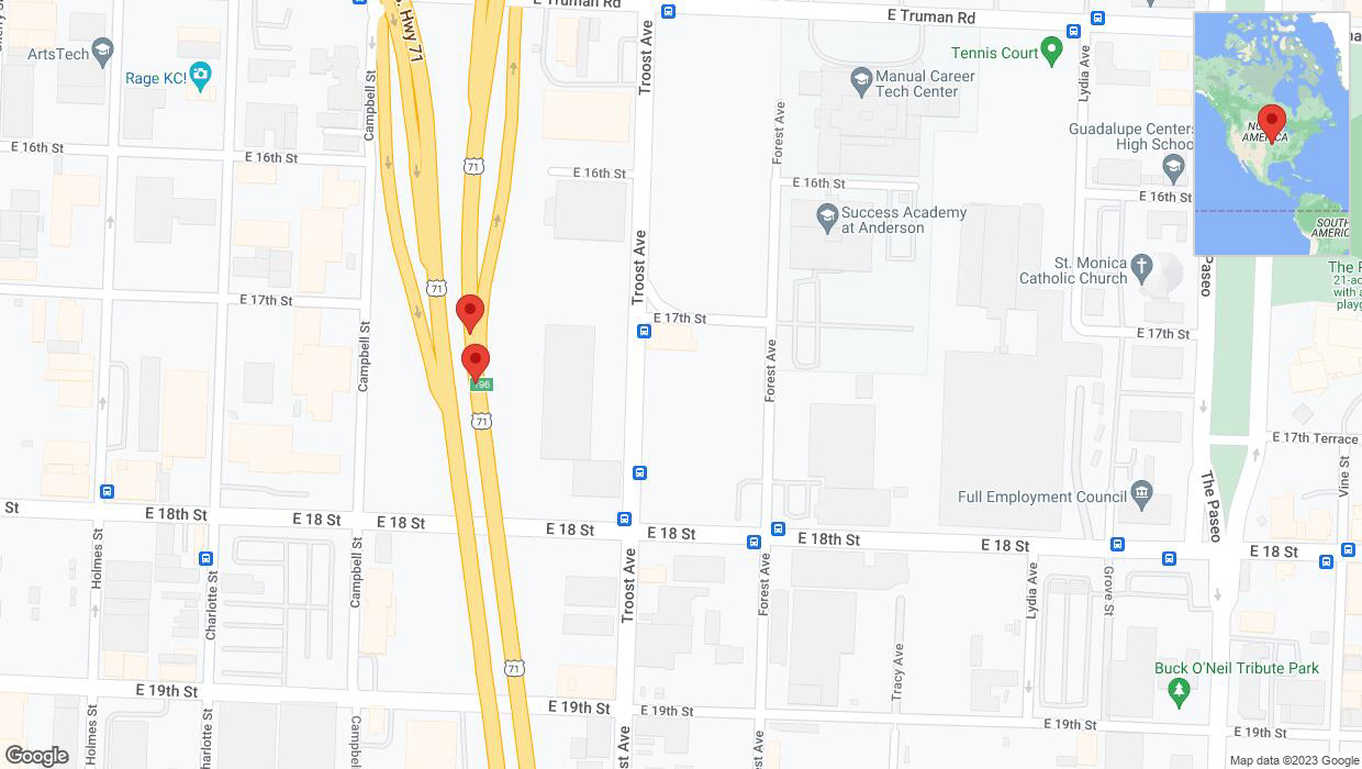 A detailed map that shows the affected road due to 'Broken down vehicle on northbound US-71 in Kansas City' on October 24th at 1 p.m.