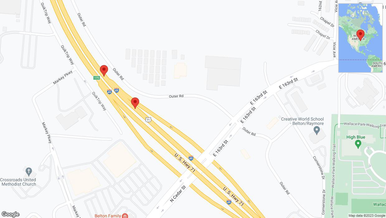 A detailed map that shows the affected road due to 'Broken down vehicle on northbound I-40/US-71 in Belton' on October 24th at 1:48 p.m.