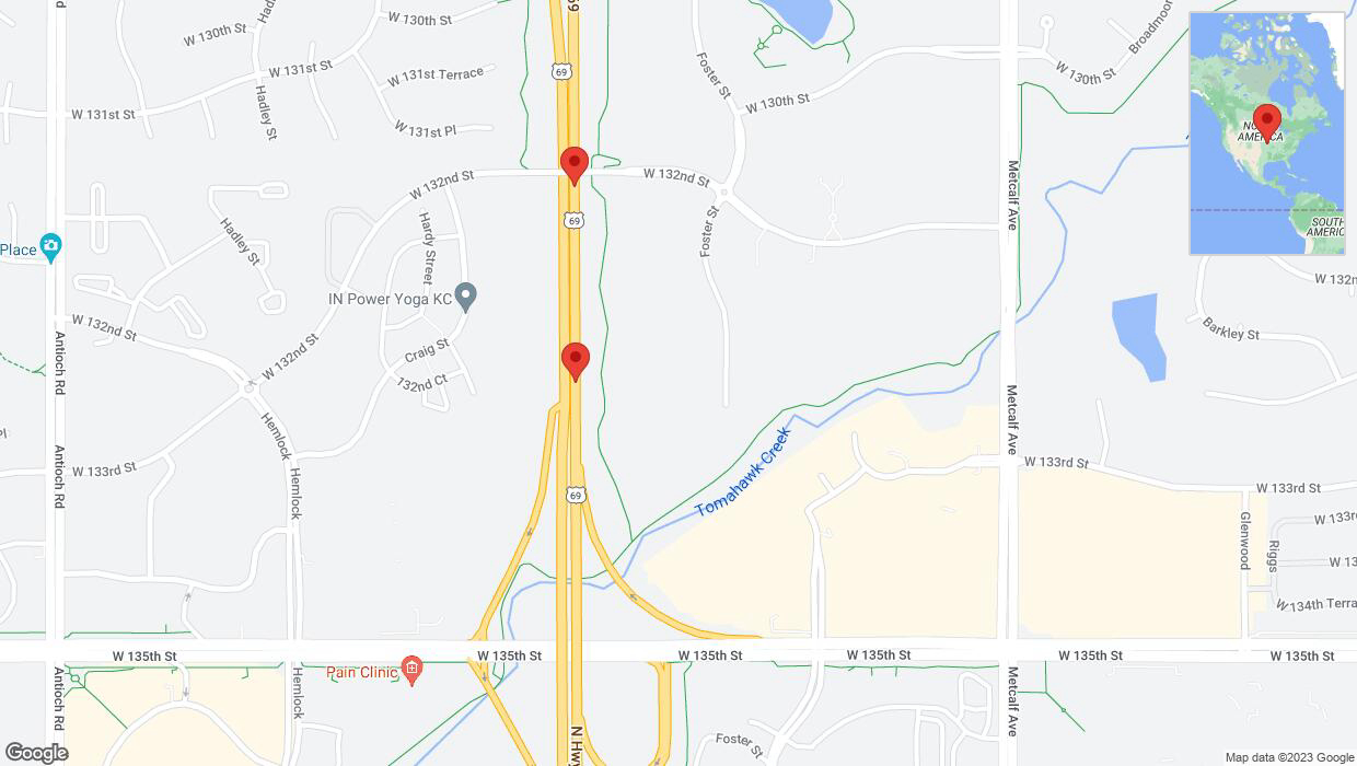 A detailed map that shows the affected road due to 'Broken down vehicle on northbound US-69 in Overland Park' on October 24th at 5:18 p.m.
