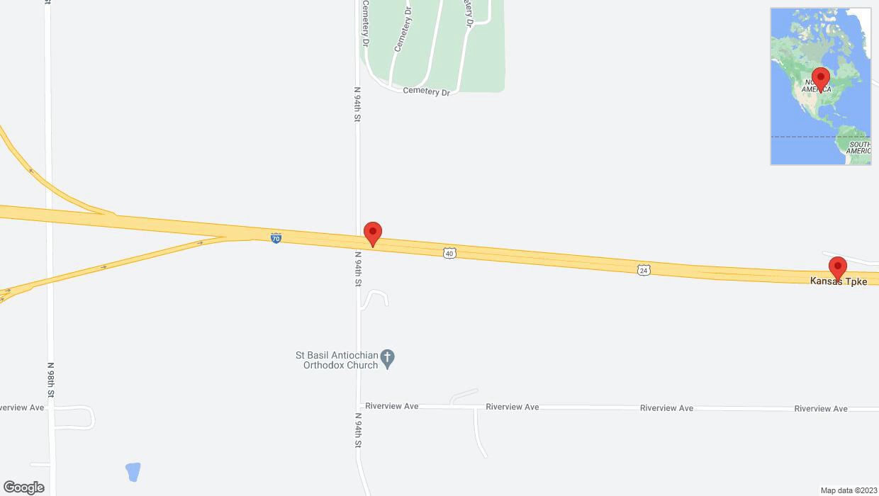 A detailed map that shows the affected road due to 'Warning: Crash on eastbound I-70 in Kansas City' on October 24th at 6:54 p.m.