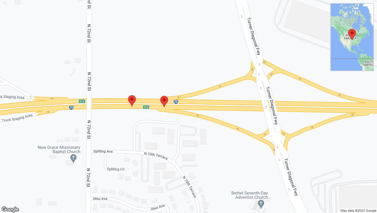 A detailed map that shows the affected road due to 'Crash reported on eastbound I-70 in Kansas City' on October 24th at 7:42 p.m.