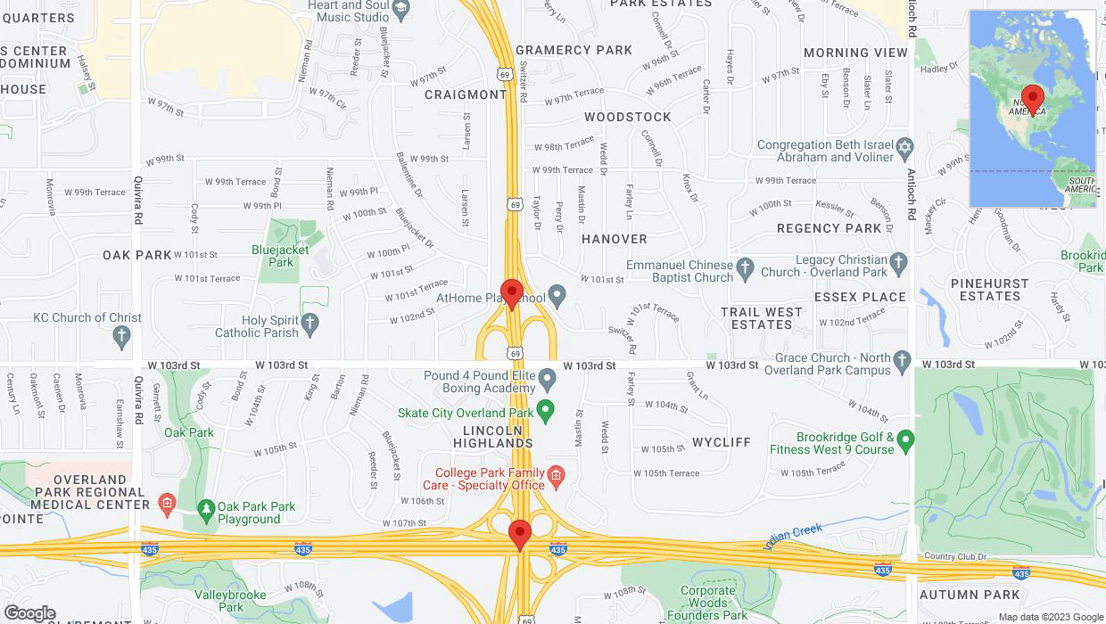 A detailed map that shows the affected road due to 'Lane on US-69 closed in Overland Park' on October 24th at 8:06 p.m.