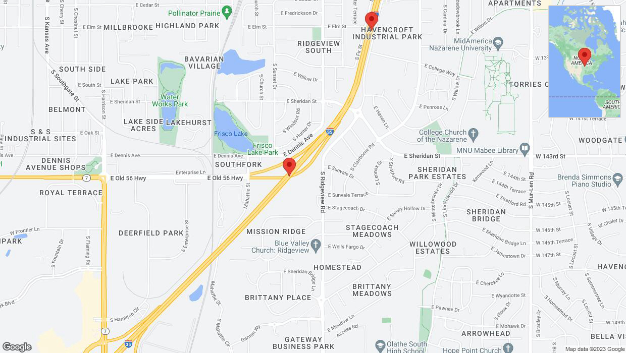 A detailed map that shows the affected road due to 'Warning in Olathe: Crash reported on eastbound I-35' on October 25th at 12:24 p.m.
