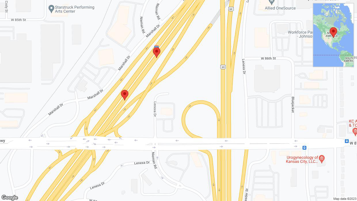 A detailed map that shows the affected road due to 'Broken down vehicle on eastbound I-35 in Lenexa' on October 25th at 2:12 p.m.