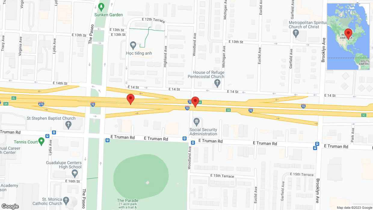 A detailed map that shows the affected road due to 'Broken down vehicle on eastbound I-70 in Kansas City' on October 25th at 2:54 p.m.