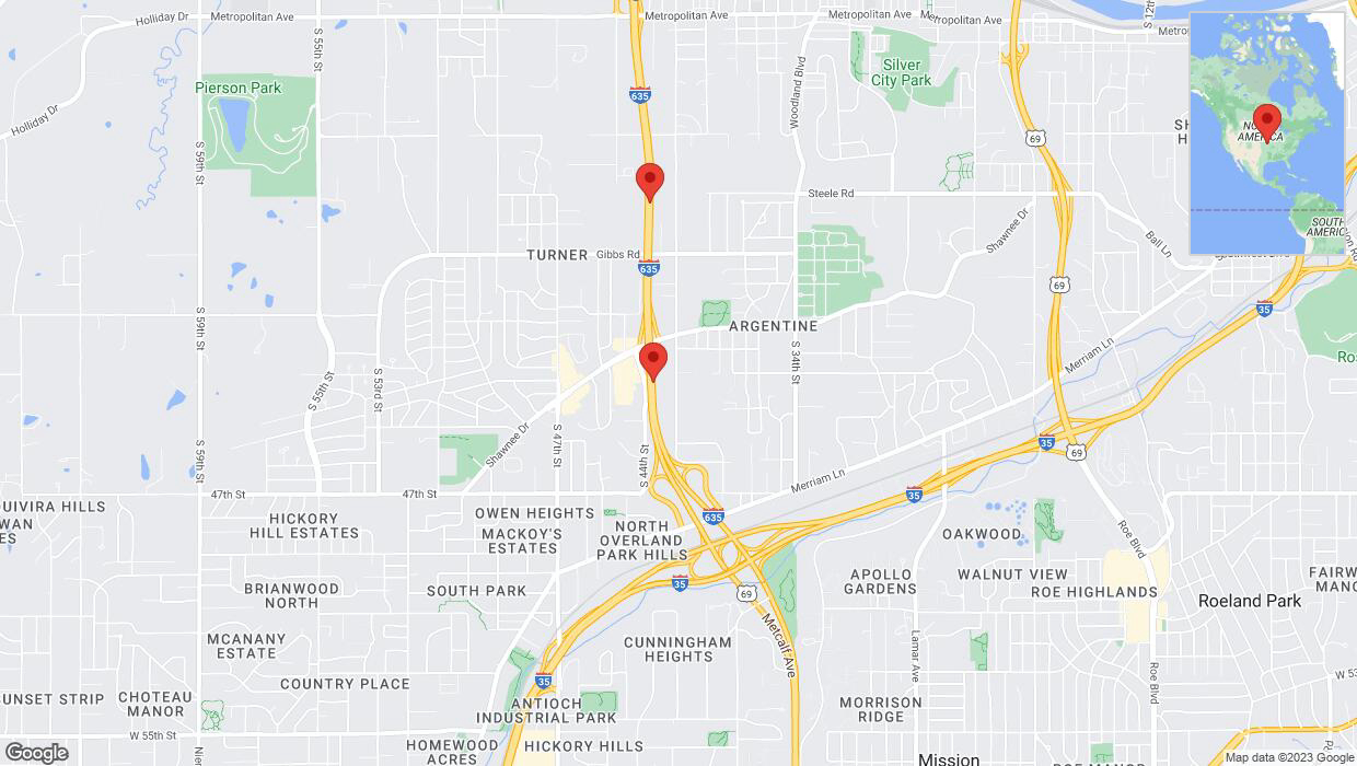 A detailed map that shows the affected road due to 'Warning: Crash on northbound I-635 in Kansas City' on October 25th at 3:30 p.m.