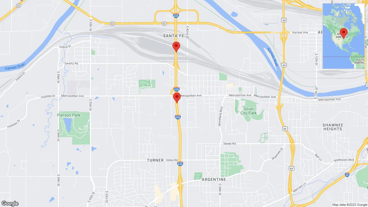 A detailed map that shows the affected road due to 'Warning in Kansas City: Crash reported on northbound I-635' on October 25th at 4:24 p.m.