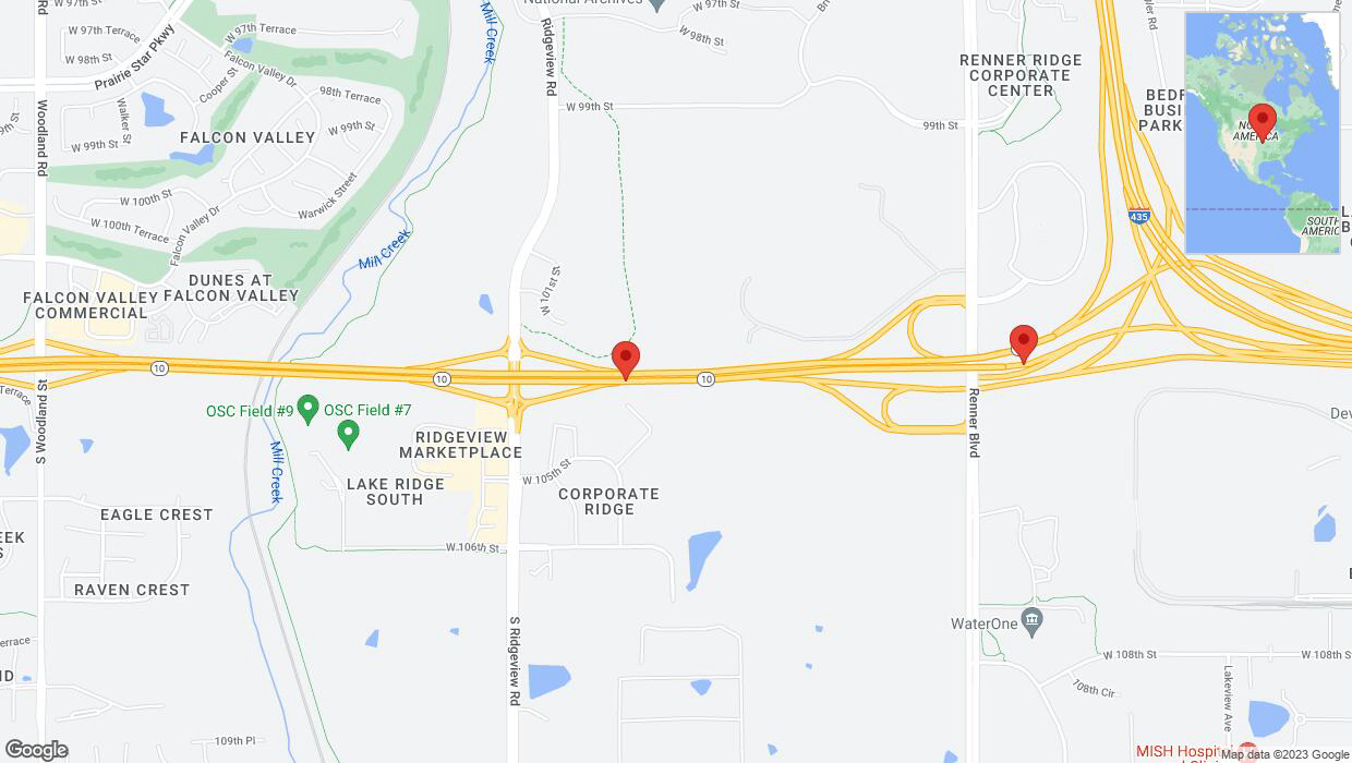 A detailed map that shows the affected road due to 'Warning in Olathe: Crash reported on eastbound K-10' on October 25th at 5:13 p.m.