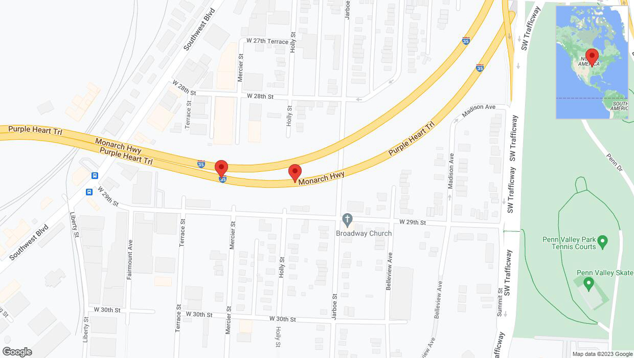 A detailed map that shows the affected road due to 'Broken down vehicle on northbound I-35 in Kansas City' on October 25th at 5:54 p.m.
