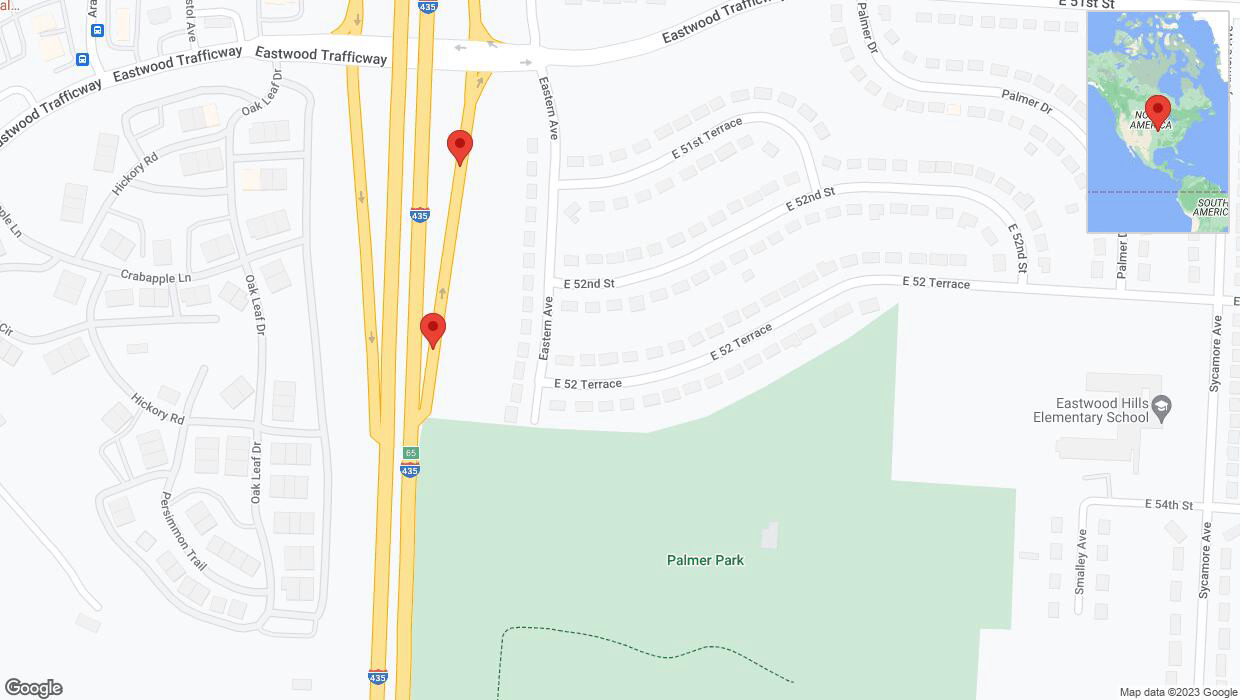 A detailed map that shows the affected road due to 'Broken down vehicle on Eastern Avenue in Kansas City' on October 25th at 5:36 p.m.
