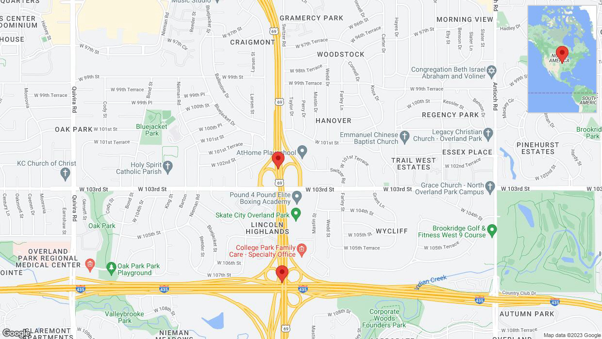 A detailed map that shows the affected road due to 'Lane on US-69 closed in Overland Park' on October 25th at 8:12 p.m.
