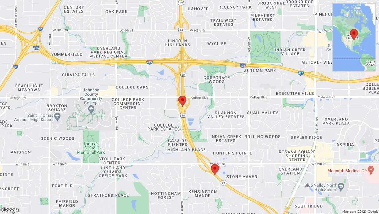 A detailed map that shows the affected road due to 'Lane on US-69 closed in Overland Park' on October 25th at 6:12 p.m.