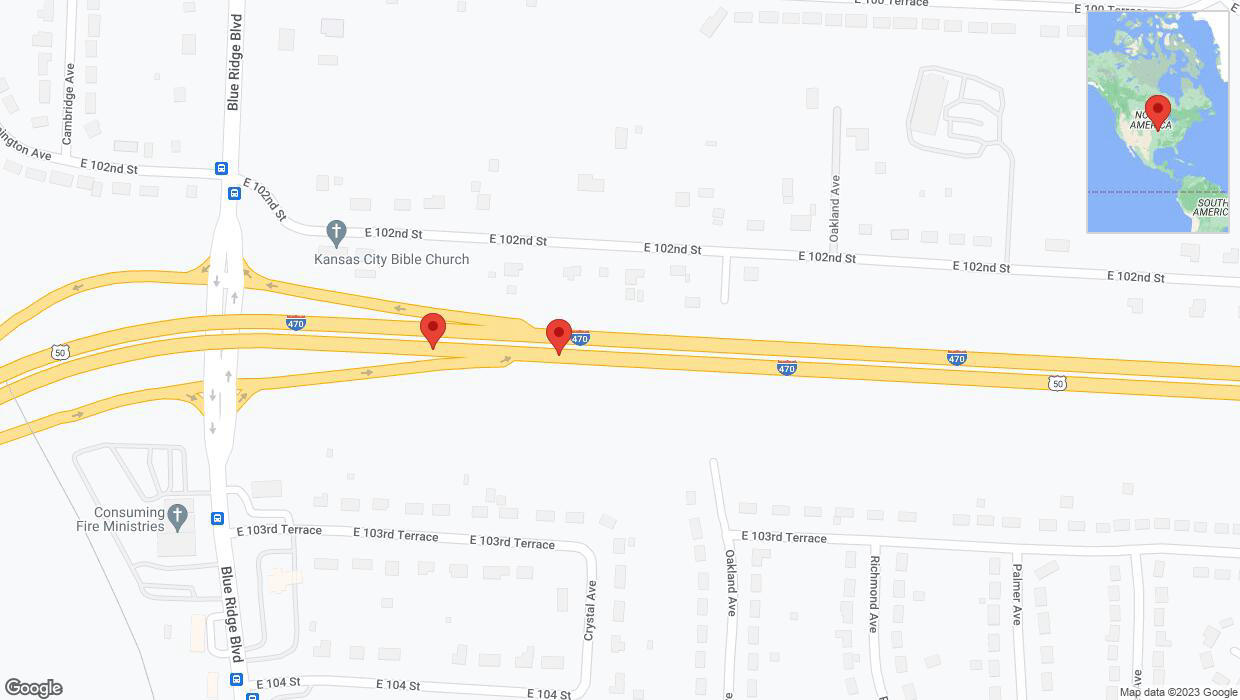 A detailed map that shows the affected road due to 'Crash reported on eastbound I-470 in Kansas City' on October 25th at 6:24 p.m.