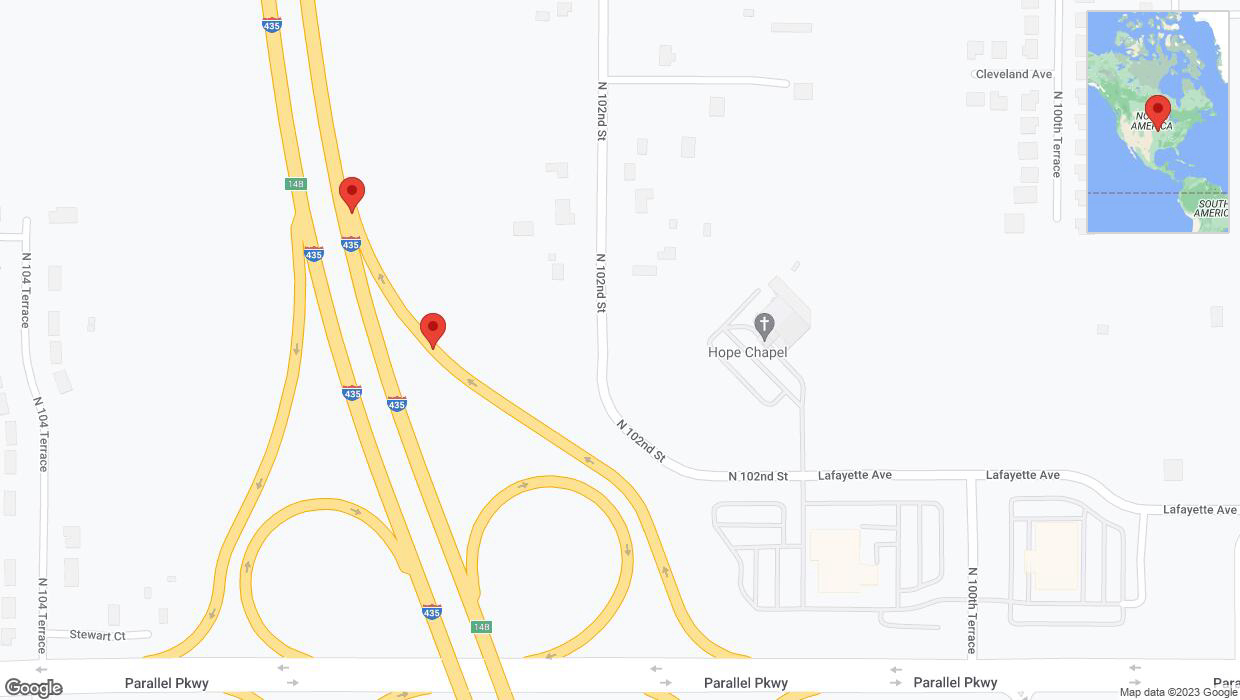 A detailed map that shows the affected road due to 'Broken down vehicle on North 102nd Street in Kansas City' on October 26th at 1:54 p.m.