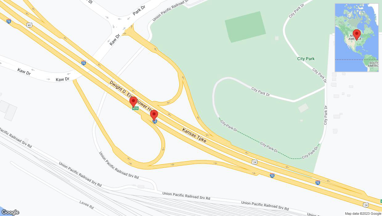 A detailed map that shows the affected road due to 'Broken down vehicle on eastbound I-70 in Kansas City' on October 26th at 2:36 p.m.