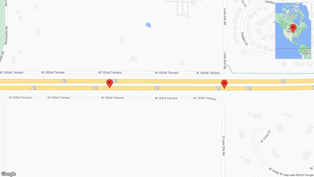 A detailed map that shows the affected road due to 'Broken down vehicle on eastbound K-10 in Lenexa' on October 26th at 3:26 p.m.