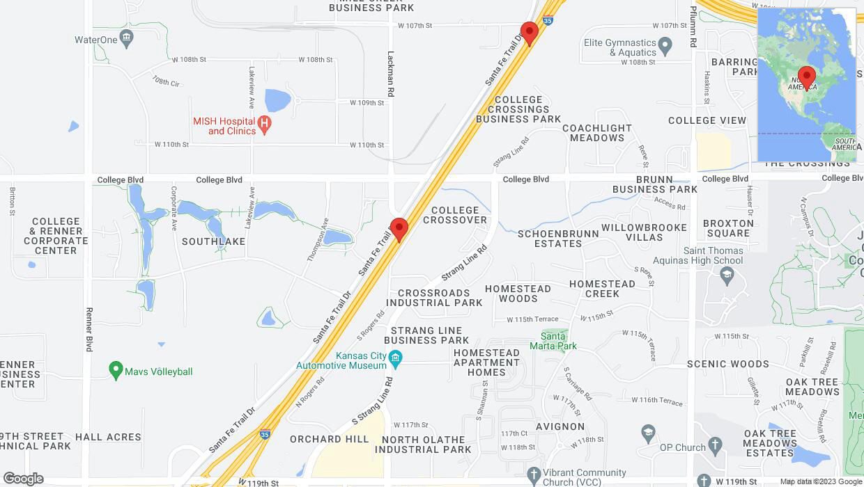 A detailed map that shows the affected road due to 'Warning: Crash on eastbound I-35 in Lenexa' on October 26th at 4:36 p.m.
