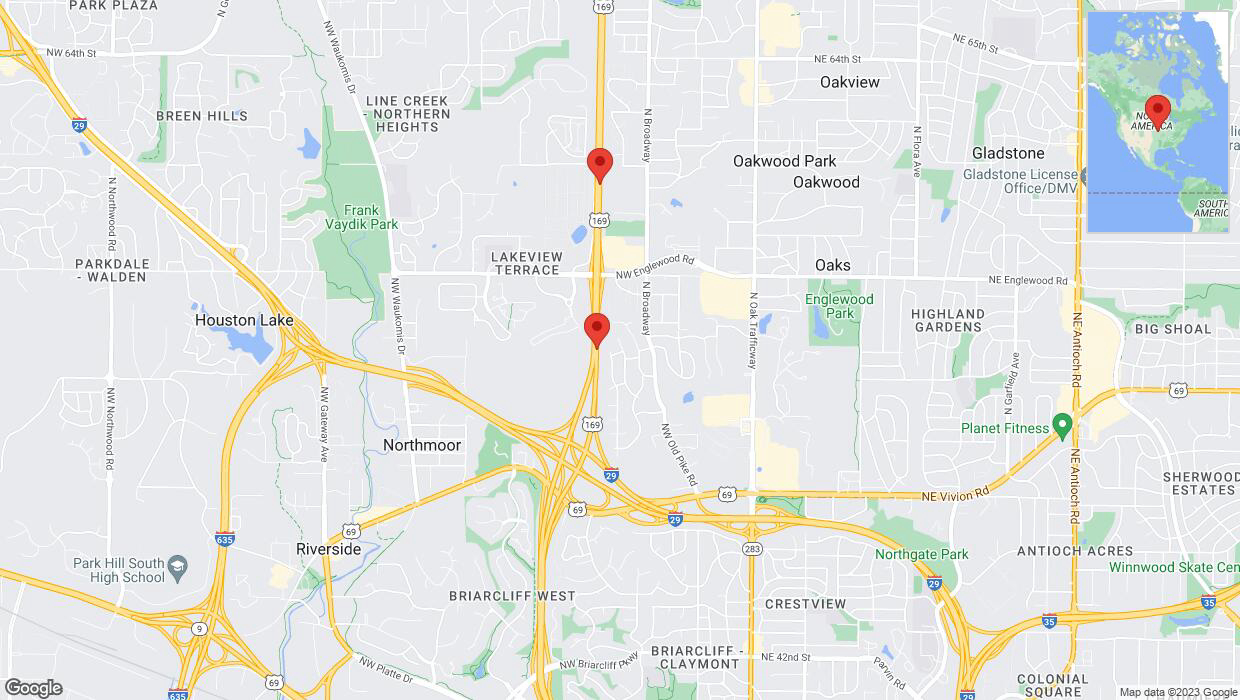 A detailed map that shows the affected road due to 'Crash reported on northbound US-169 in Kansas City' on October 26th at 5:36 p.m.