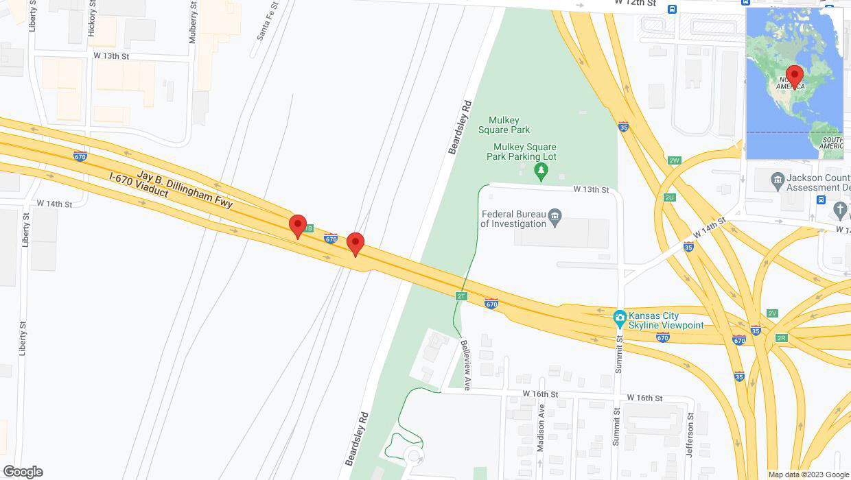 A detailed map that shows the affected road due to 'Broken down vehicle on eastbound I-670 in Kansas City' on October 26th at 8 p.m.