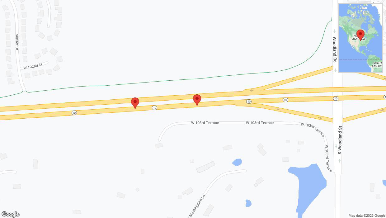 A detailed map that shows the affected road due to 'Broken down vehicle on eastbound K-10 in Olathe' on October 26th at 9:29 p.m.
