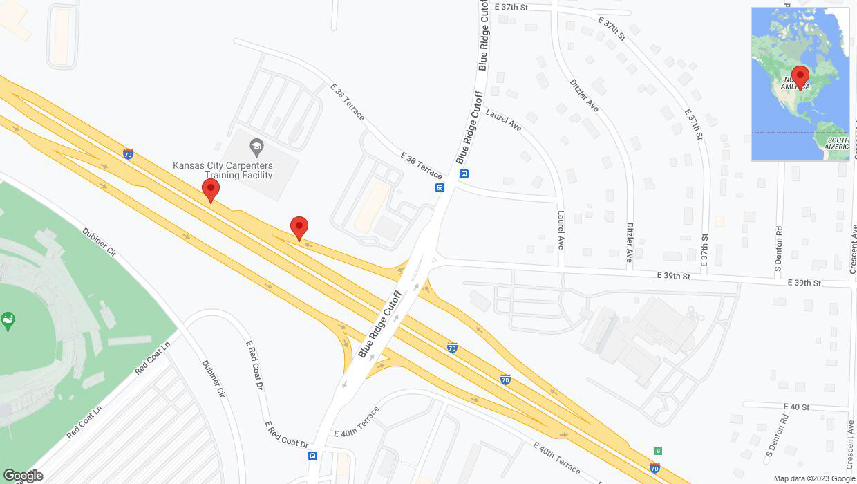 A detailed map that shows the affected road due to 'Broken down vehicle on Blue Ridge Cutoff in Kansas City' on October 27th at 2:12 p.m.