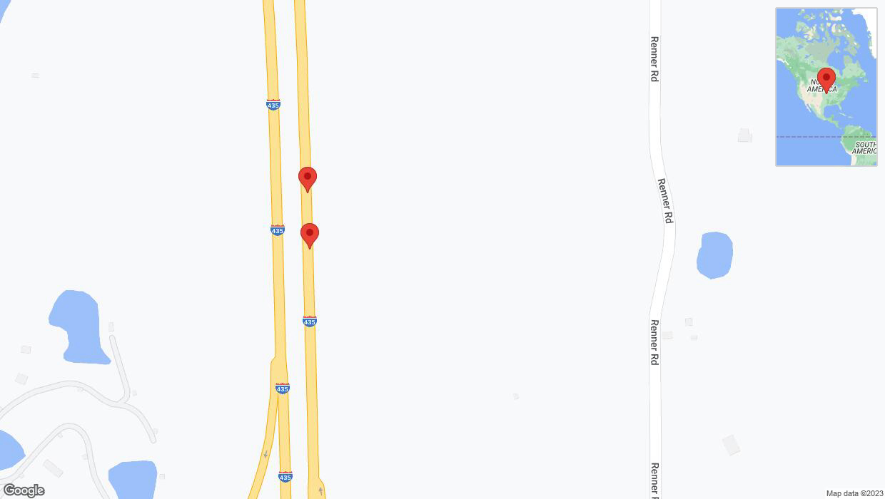 A detailed map that shows the affected road due to 'Broken down vehicle on northbound I-435 in Shawnee' on October 27th at 4:06 p.m.