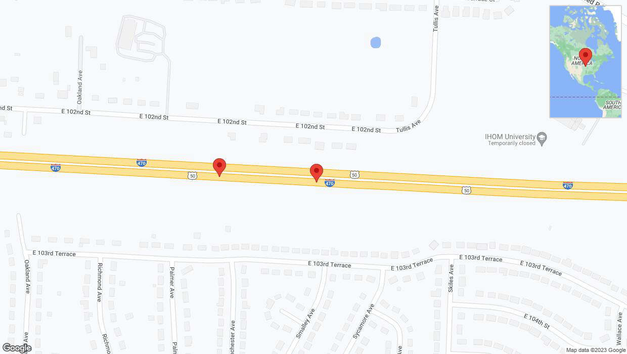 A detailed map that shows the affected road due to 'Broken down vehicle on eastbound I-470 in Kansas City' on October 27th at 5:30 p.m.