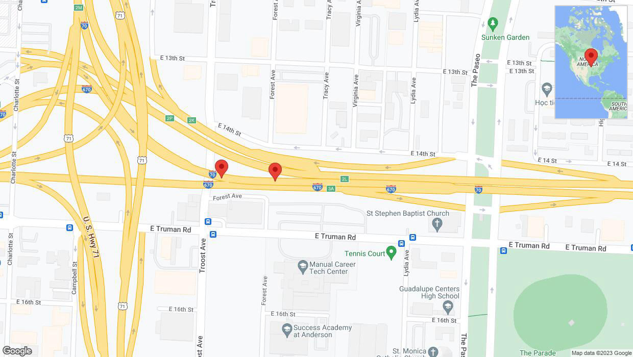 A detailed map that shows the affected road due to 'Broken down vehicle on eastbound I-70 in Kansas City' on October 27th at 7:54 p.m.