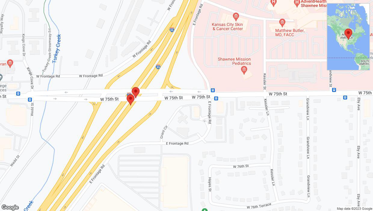 A detailed map that shows the affected road due to 'Broken down vehicle on eastbound I-35 in Overland Park' on October 27th at 6:54 p.m.