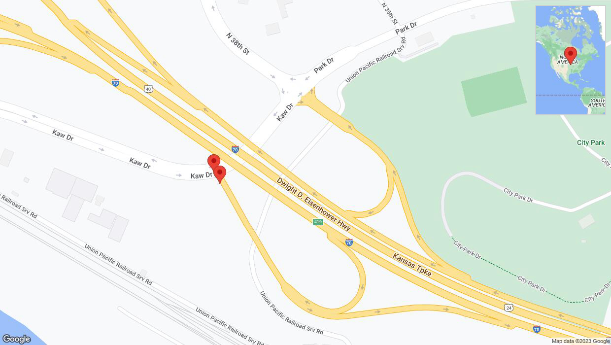 A detailed map that shows the affected road due to 'Broken down vehicle on Kaw Drive in Kansas City' on October 27th at 6:24 p.m.