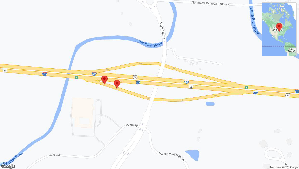 A detailed map that shows the affected road due to 'Broken down vehicle on View High Drive in Kansas City' on October 27th at 7:24 p.m.