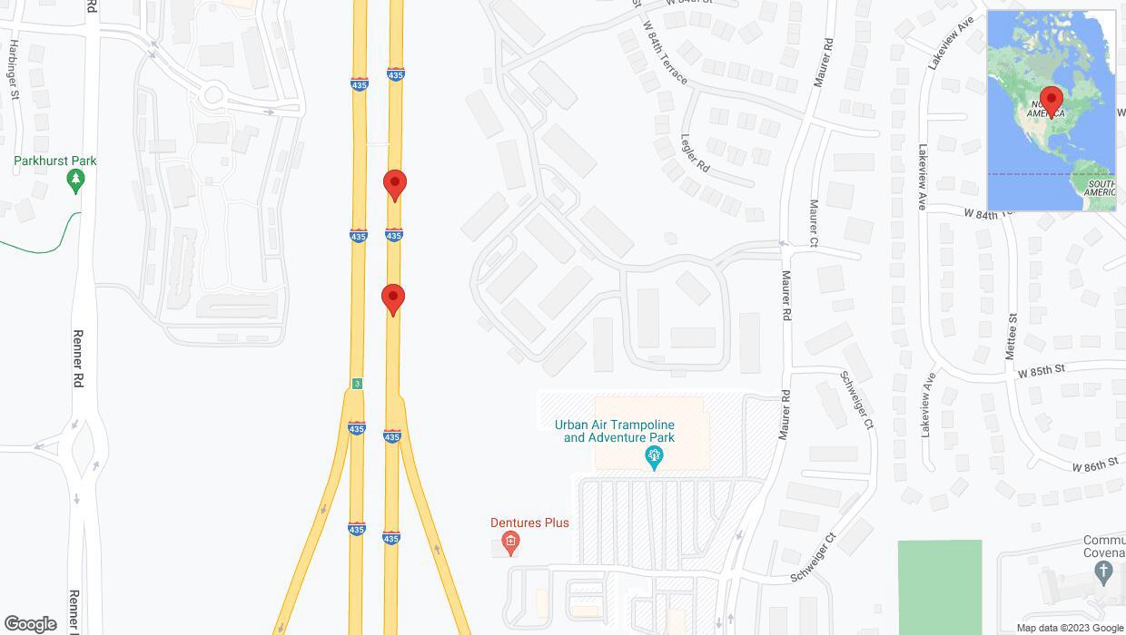 A detailed map that shows the affected road due to 'Broken down vehicle on northbound I-435 in Lenexa' on October 27th at 8:36 p.m.