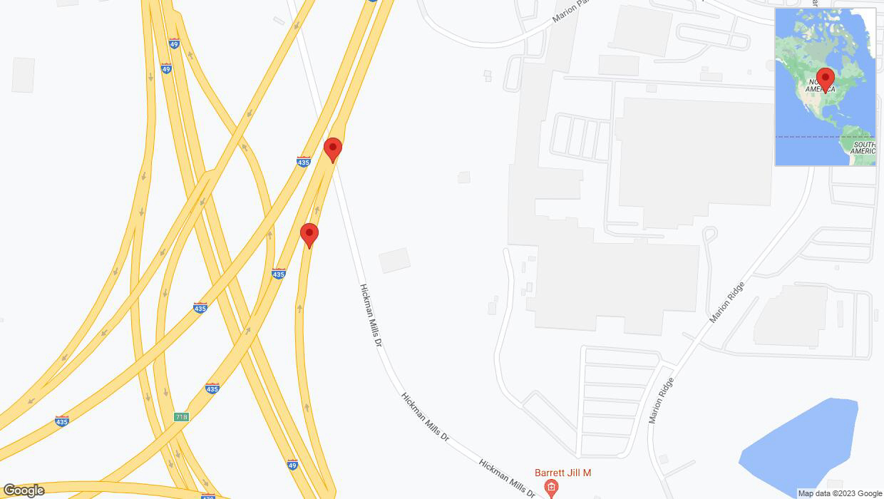 A detailed map that shows the affected road due to 'Broken down vehicle on Hickman Mills Drive in Kansas City' on October 27th at 10:42 p.m.