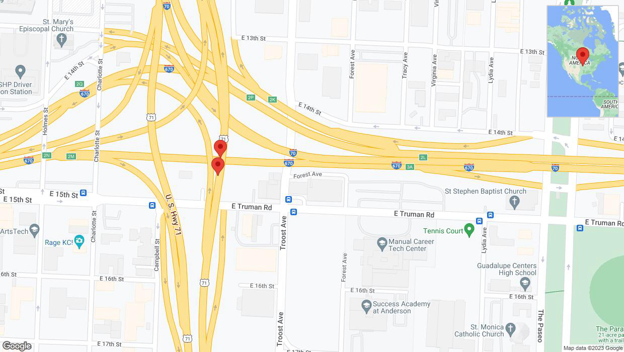 A detailed map that shows the affected road due to 'Broken down vehicle on northbound US-71 in Kansas City' on October 28th at 1:48 p.m.