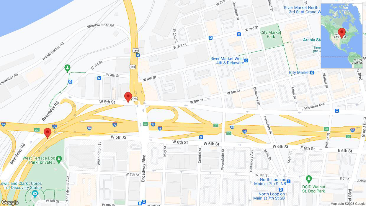 A detailed map that shows the affected road due to 'West 5th Street: bridge closed between West Fifth Southtreet / US-169 South and I-35 South' on October 28th at 3 p.m.