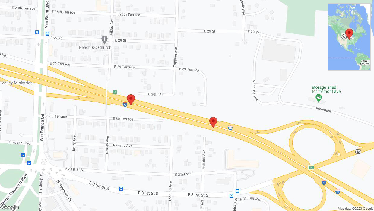 A detailed map that shows the affected road due to 'Broken down vehicle on eastbound I-70 in Kansas City' on October 28th at 9:44 p.m.