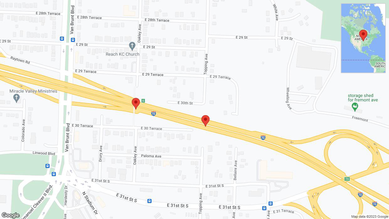 A detailed map that shows the affected road due to 'Broken down vehicle on eastbound I-70 in Kansas City' on October 28th at 10:32 p.m.