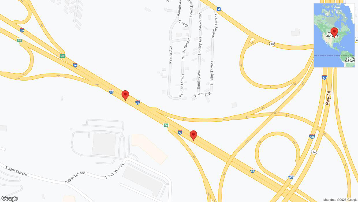 A detailed map that shows the affected road due to 'Broken down vehicle on eastbound I-70 in Kansas City' on October 28th at 10:20 p.m.