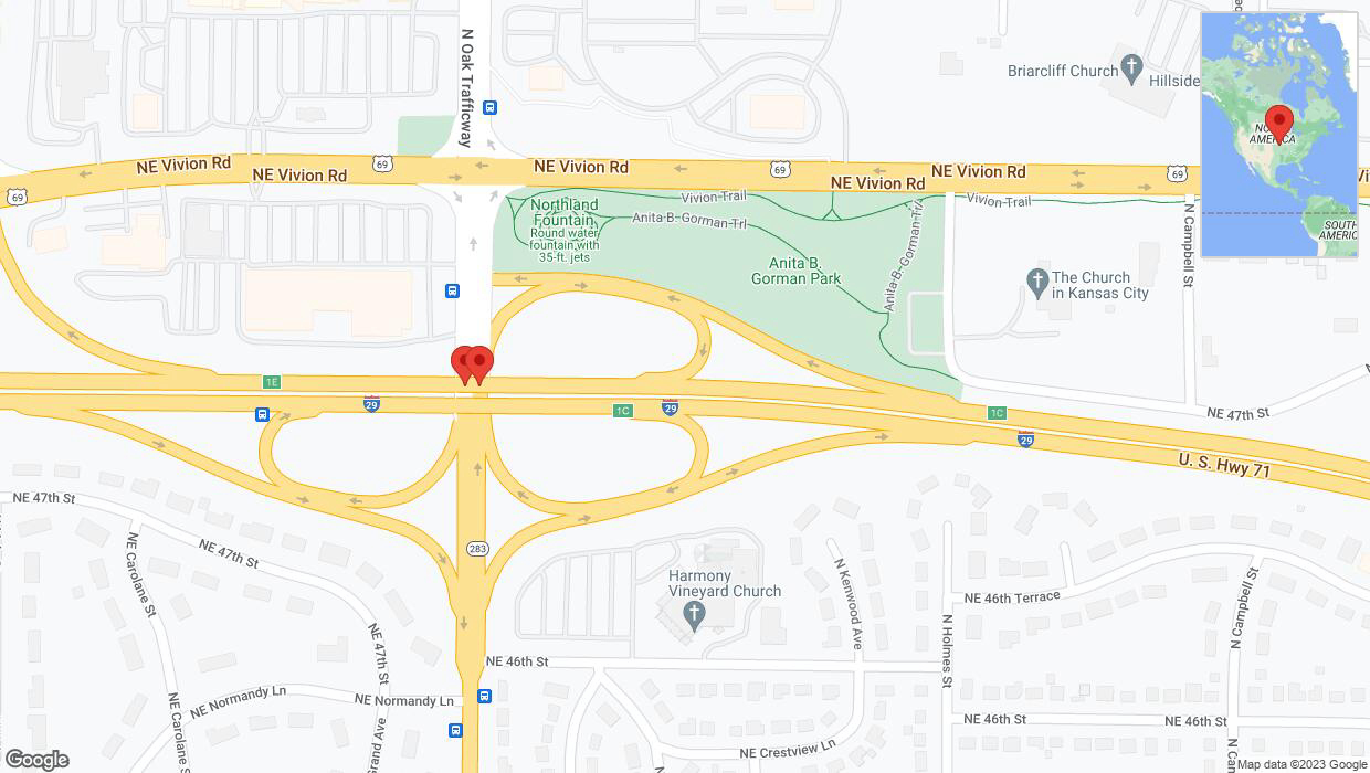A detailed map that shows the affected road due to 'Broken down vehicle on northbound I-29 in Kansas City' on October 29th at 1:43 p.m.
