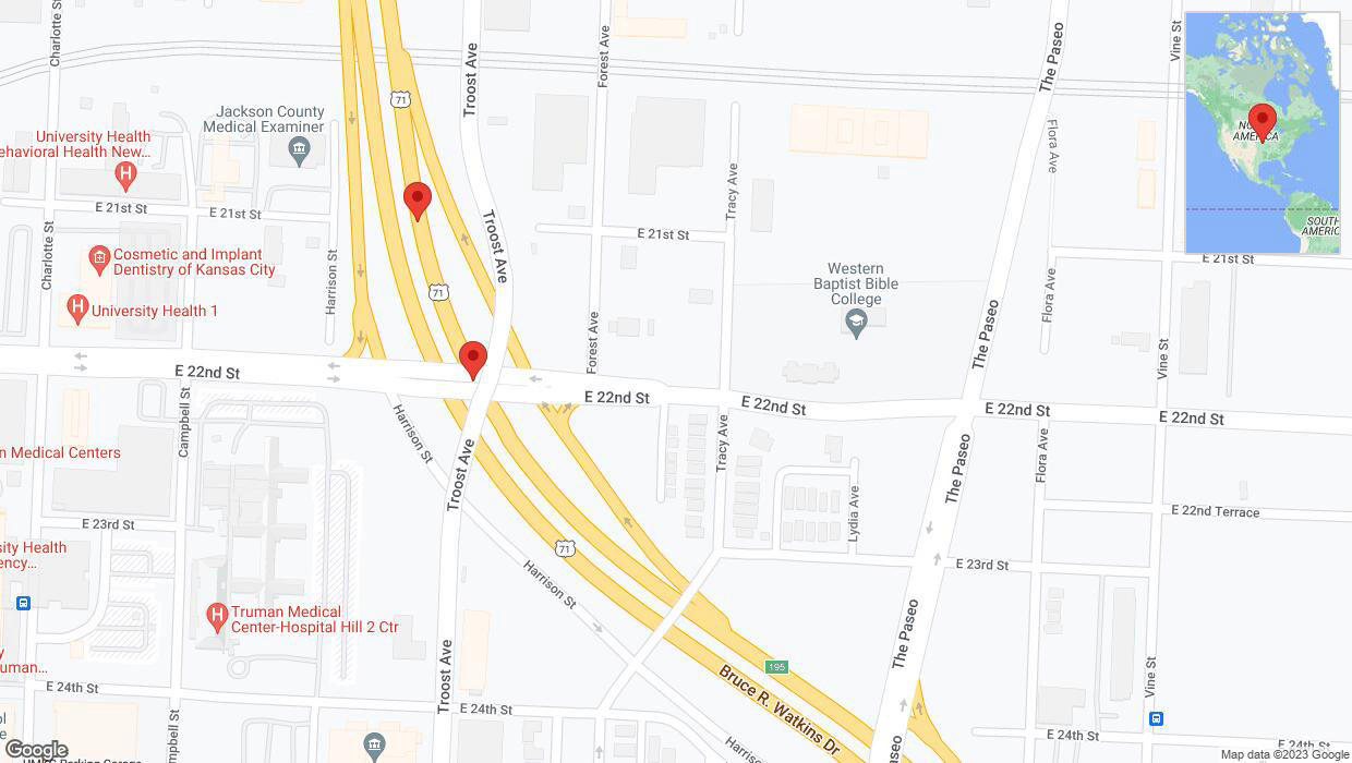 A detailed map that shows the affected road due to 'Broken down vehicle on northbound US-71 in Kansas City' on October 29th at 3:25 p.m.