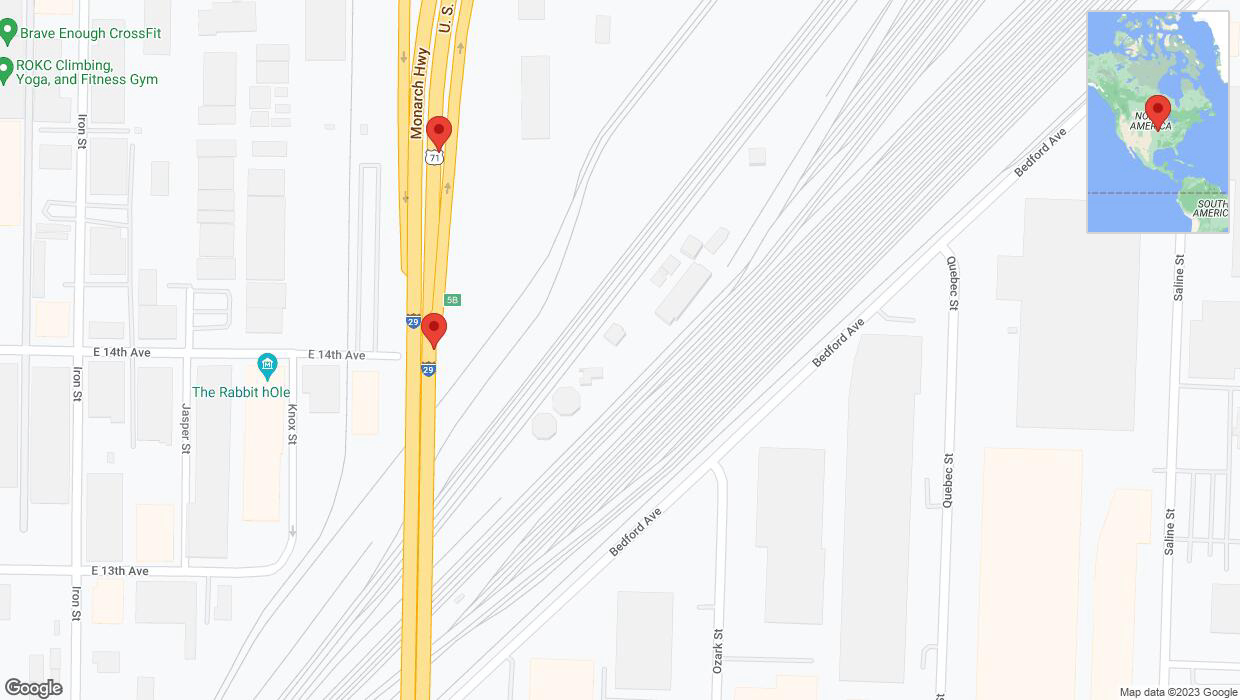 A detailed map that shows the affected road due to 'Broken down vehicle on northbound I-29/I-35 in North Kansas City' on October 29th at 8:49 p.m.