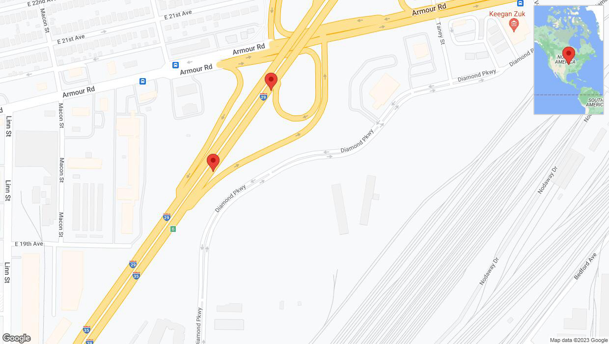 A detailed map that shows the affected road due to 'Broken down vehicle on northbound I-29/I-35 in North Kansas City' on October 29th at 5:55 p.m.