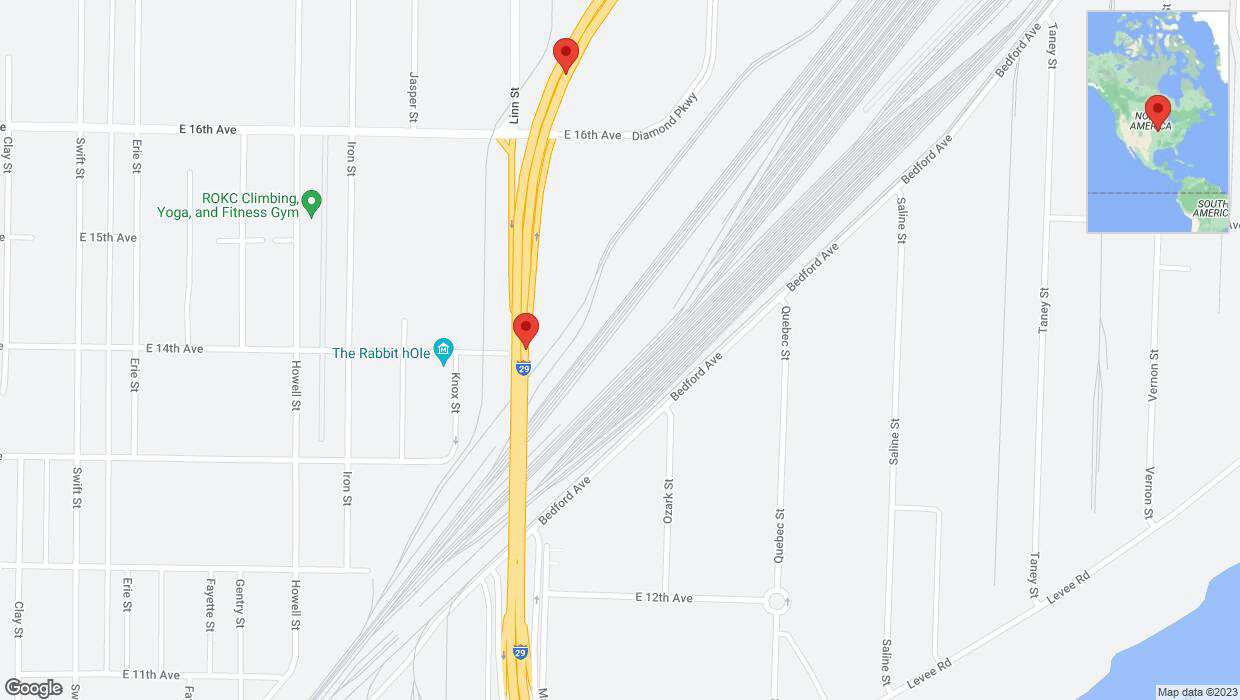 A detailed map that shows the affected road due to 'Broken down vehicle on northbound I-29/I-35 in North Kansas City' on October 29th at 8:25 p.m.