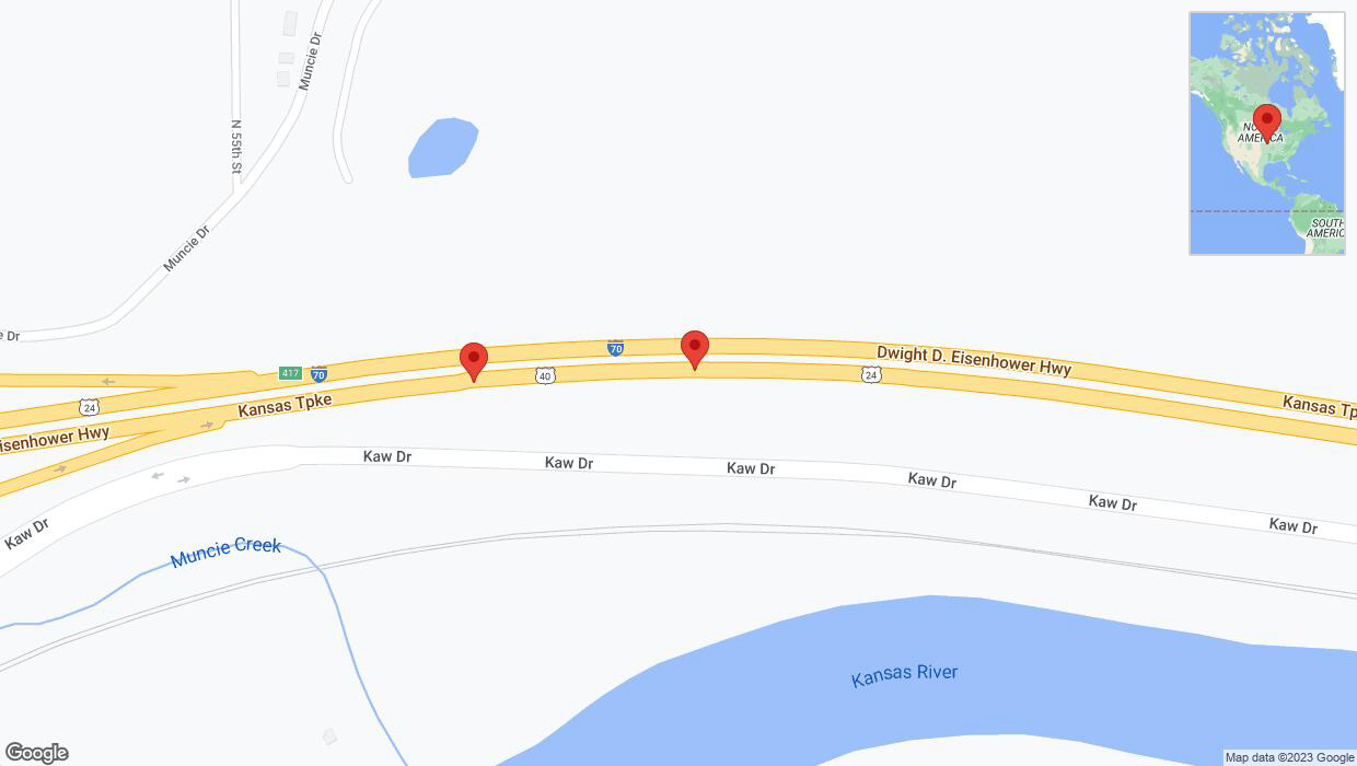 A detailed map that shows the affected road due to 'Broken down vehicle on eastbound I-70 in Kansas City' on October 29th at 10:13 p.m.