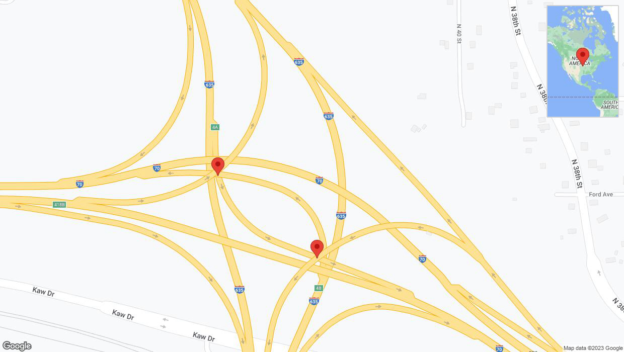 A detailed map that shows the affected road due to 'Broken down vehicle on the Harry Darby Memorial Highway in Kansas City' on October 31st at 7:24 p.m.