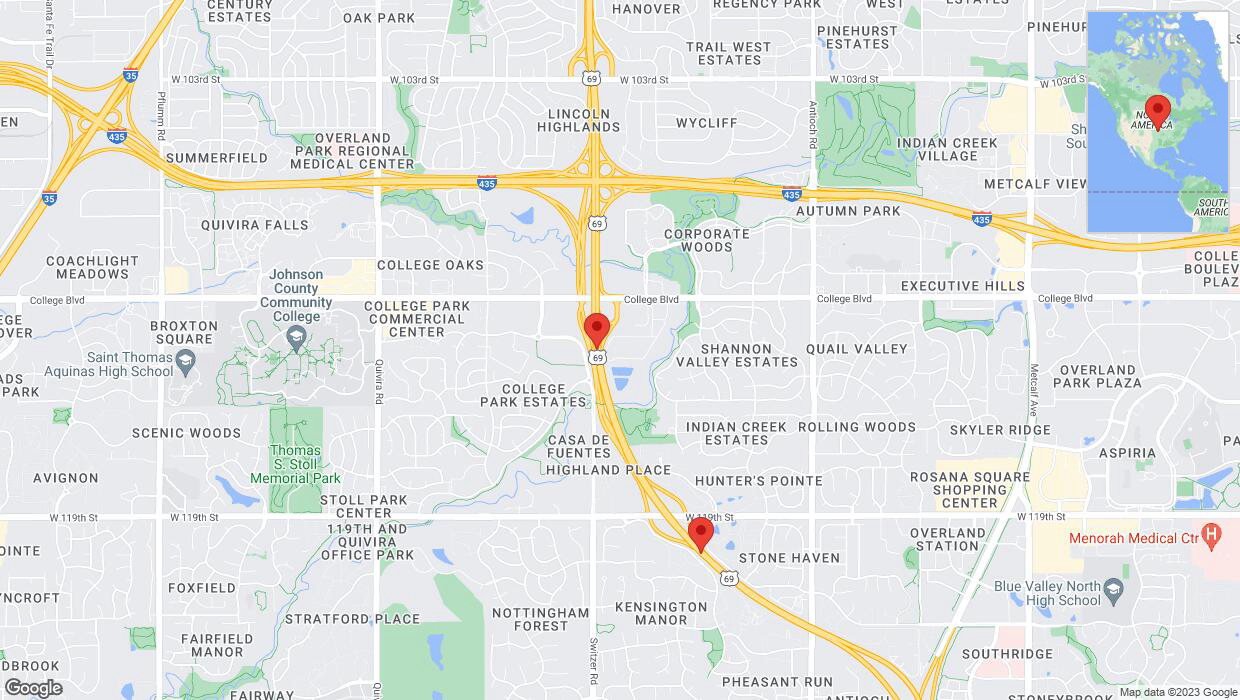 A detailed map that shows the affected road due to 'Lane on US-69 closed in Overland Park' on October 30th at 12:43 p.m.