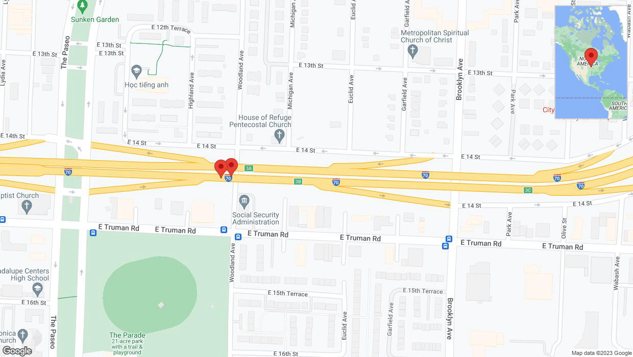 A detailed map that shows the affected road due to 'Broken down vehicle on East Truman Road in Kansas City' on October 30th at 3:24 p.m.