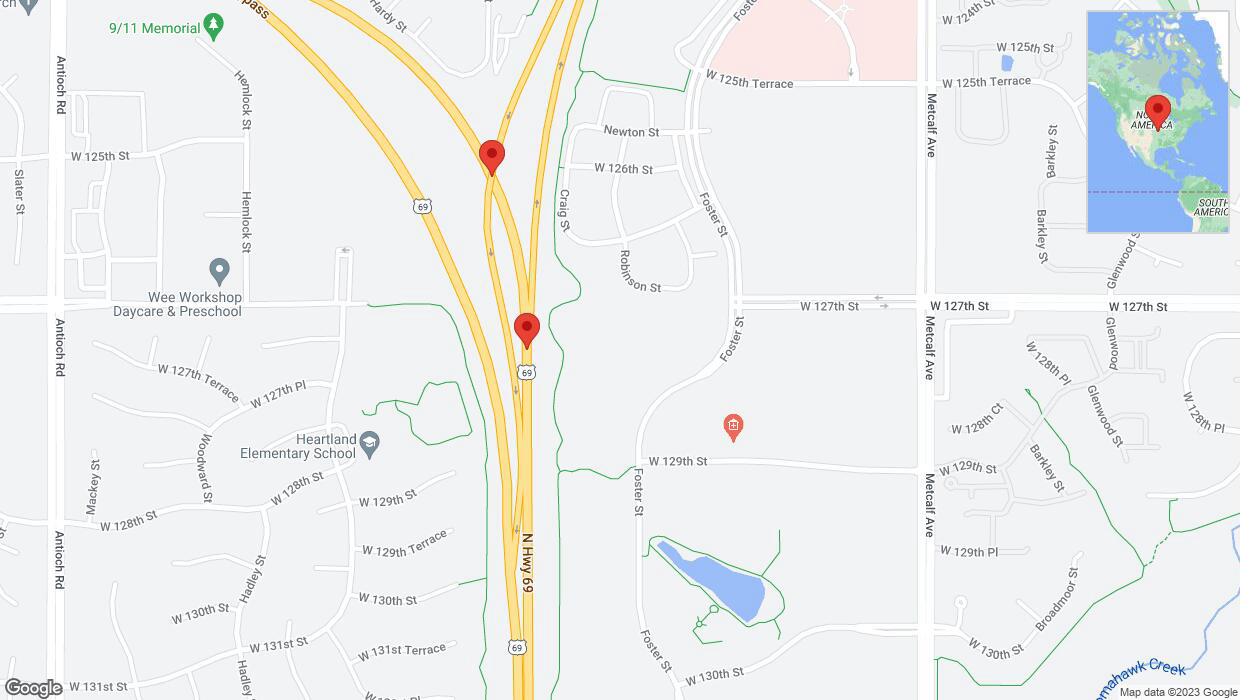A detailed map that shows the affected road due to 'Broken down vehicle on northbound US-69 in Overland Park' on October 30th at 5:54 p.m.