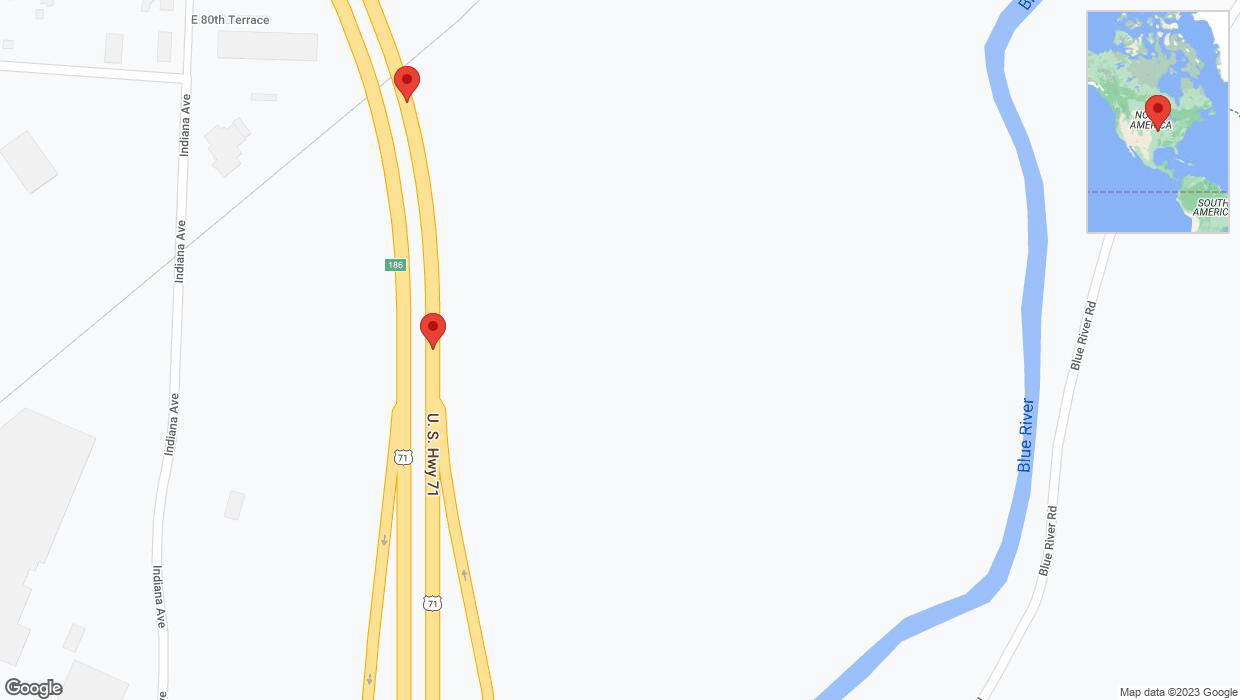 A detailed map that shows the affected road due to 'Broken down vehicle on northbound I-40/US-71 in Kansas City' on October 31st at 7:36 p.m.