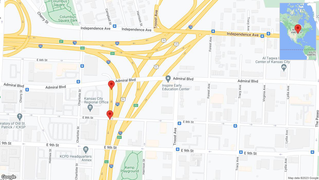 A detailed map that shows the affected road due to 'Broken down vehicle on Admiral Boulevard in Kansas City' on October 30th at 5:36 p.m.